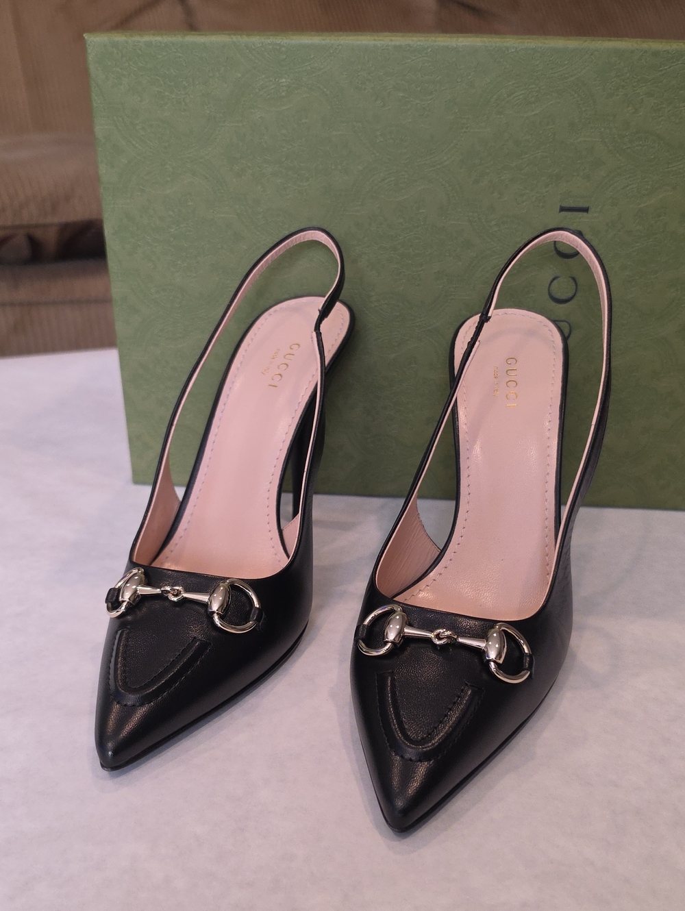 Gucci Black Leather Horsebit Slingback Pumps with Silver Hardware